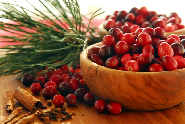 Cranberries Vermelhas Frescas Tigelas Madeira Com Especiarias Ramos Pinho — Fotografia de Stock