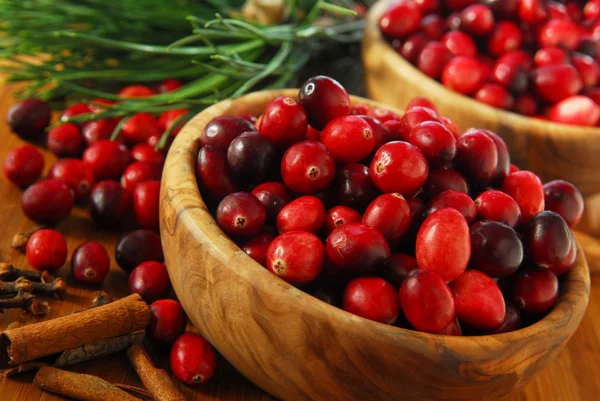 Cranberries Vermelhas Frescas Tigelas Madeira Com Especiarias Ramos Pinho — Fotografia de Stock