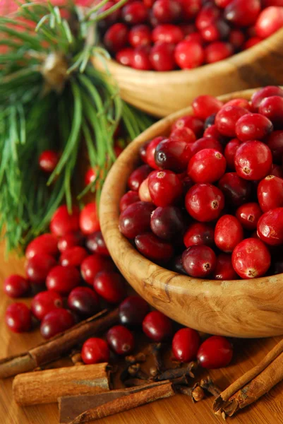 Fresh Red Cranberries Wooden Bowls Spices Pine Branches — Stock Photo, Image