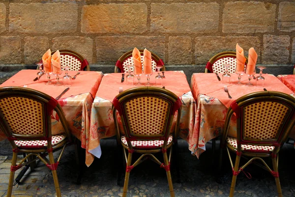 Patio Restaurante Aire Libre Calle Medieval Sarlat Región Dordoña Francia —  Fotos de Stock