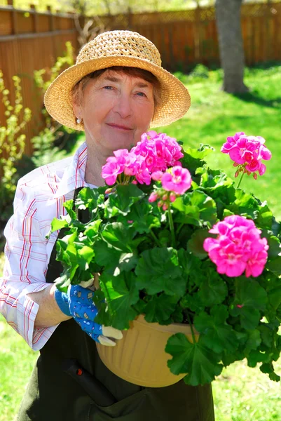 彼女の庭でポットの花で保持している年配の女性の笑みを浮かべてください — ストック写真