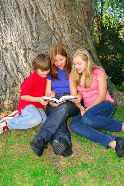 Família lendo um livro — Fotografia de Stock