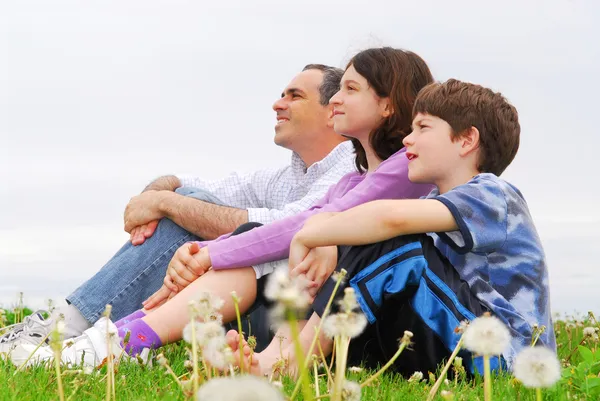 一个家庭父亲和孩子在绿色草地上的肖像 — 图库照片