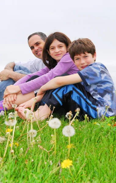 家族の父と子供の外の緑の草の肖像画 — ストック写真