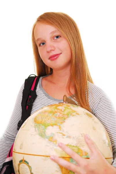 Młoda Dziewczyna Uśmiechający Się Backback Globe Białym Tle — Zdjęcie stockowe