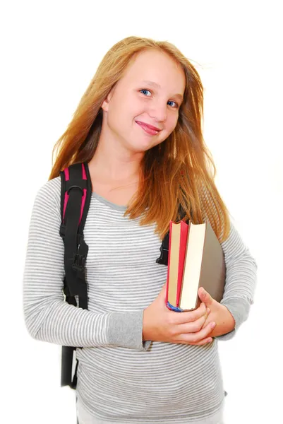 Junge Lächelnde Schulmädchen Mit Rücken Und Bücher Isoliert Auf Weißem — Stockfoto