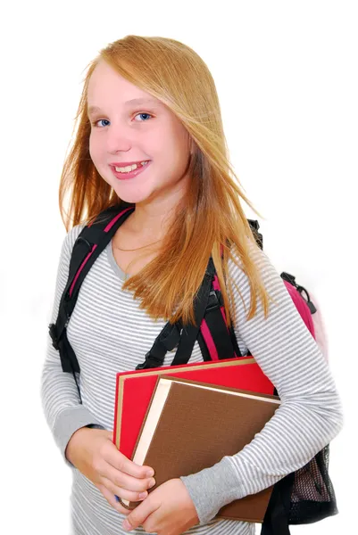 Jonge Lachende School Meisje Met Backback Boeken Geïsoleerd Witte Achtergrond — Stockfoto