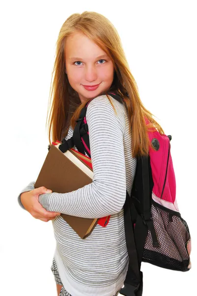Junge Lächelnde Schulmädchen Mit Rucksack Und Büchern Isoliert Auf Weißem — Stockfoto