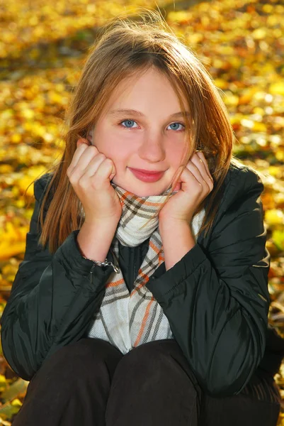 秋の公園で落ちたもみじに囲まれて座って美しい 代の少女の肖像画の葉します — ストック写真