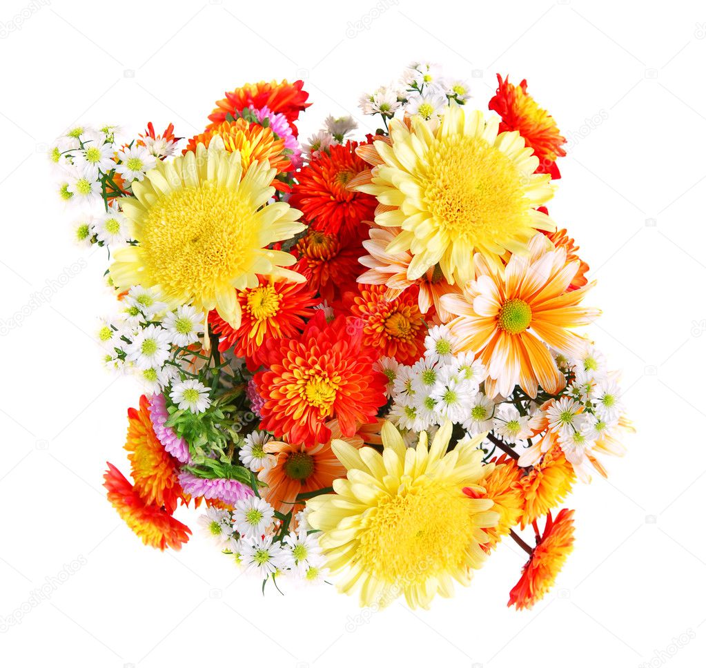 Bouquet of flowers, top view, isolated on white background