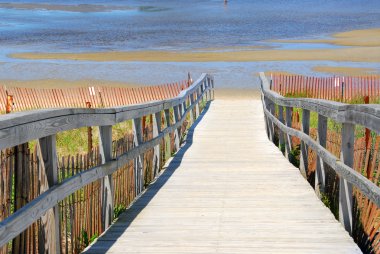 Wooden path over sand dunes with beach view clipart