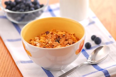 sağlıklı breaksfast, tahıl, süt ve yaban mersini bir masada güneşli sabahı hizmet.