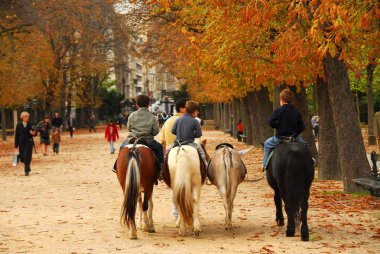 Children riding ponies in Jardins du Luxembourg (Luxembourg gardens) in Paris France clipart