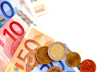 Currency of European union bills and coins, space for copy clipart
