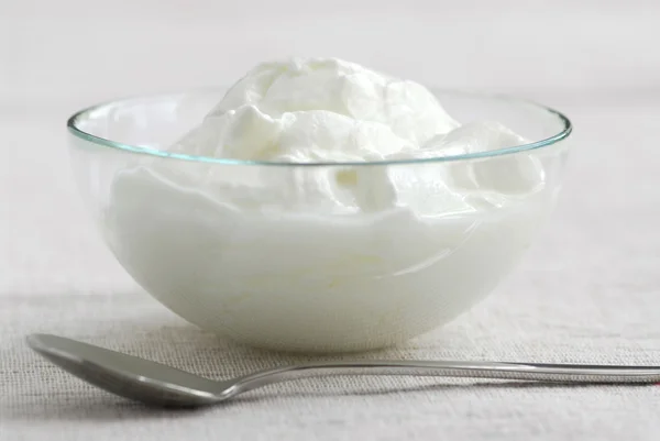 Fresh Yogurt Served Clear Glass Bowl — Stock Photo, Image