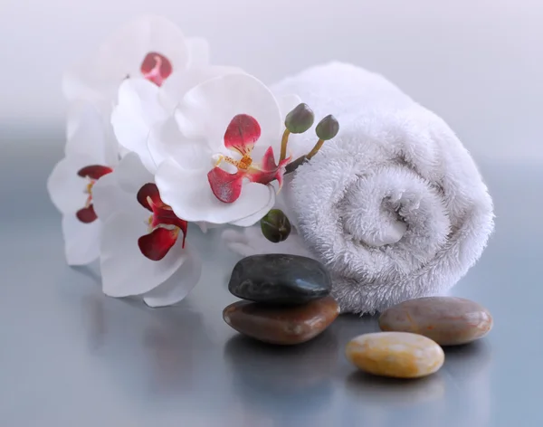 Serviette Roulée Blanche Avec Des Pierres Massage Une Orchidée — Photo