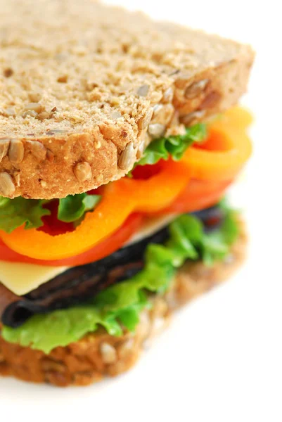 Big Healthy Sandwich Vegetables Meat Close — Stock Photo, Image