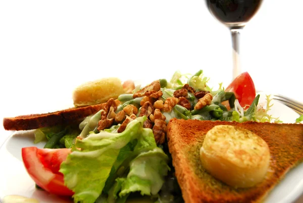 Déjeuner Sain Salade Verte Avec Pain Grillé Fromage Chèvre — Photo