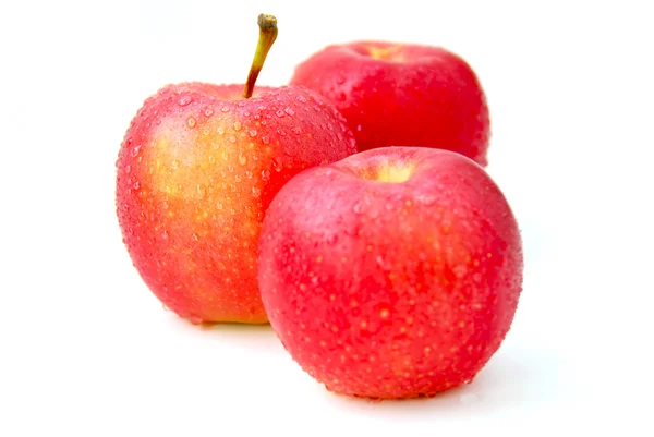 Trzy Czerwone Jabłka Kropelek Wody Białym Tle Skupić Się Środku — Zdjęcie stockowe