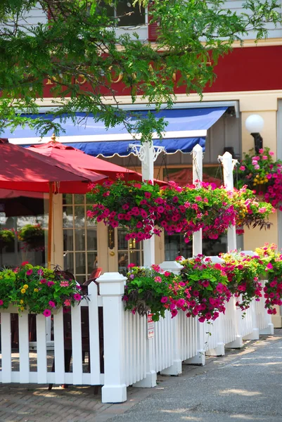 漂亮的餐厅 庭院装饰用紫色矮牵牛花箱和篮子 — 图库照片