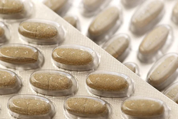 Gyógynövény Tabletták Hátterét Zár Megjelöl — Stock Fotó