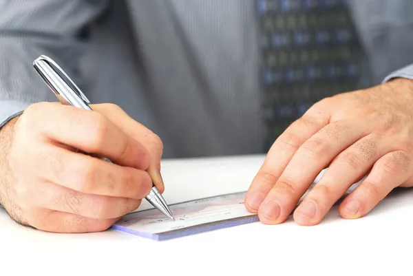 Closeup Man Hands Writing Cheque — Stock Photo, Image