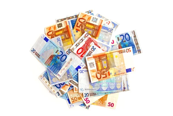 Montón Billetes Europeos Aislados Sobre Fondo Blanco — Foto de Stock