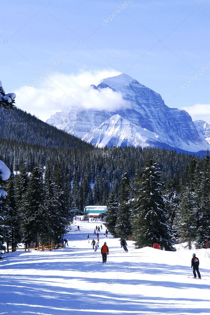Downhill skiing in Canadian Rocky mountains with scenic view