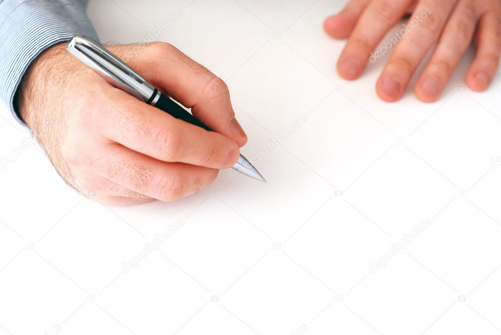 Closeup of businessman's hands on white background holding a pen