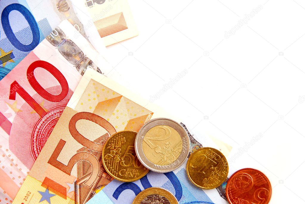 Currency of European union bills and coins, space for copy