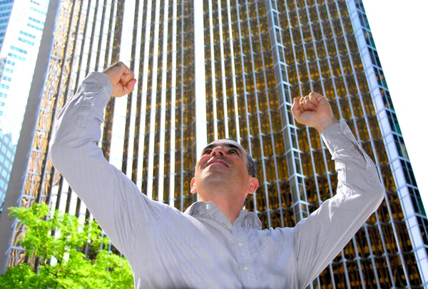 勝利の腕を上げる都市に勝ち誇った実業家 — ストック写真