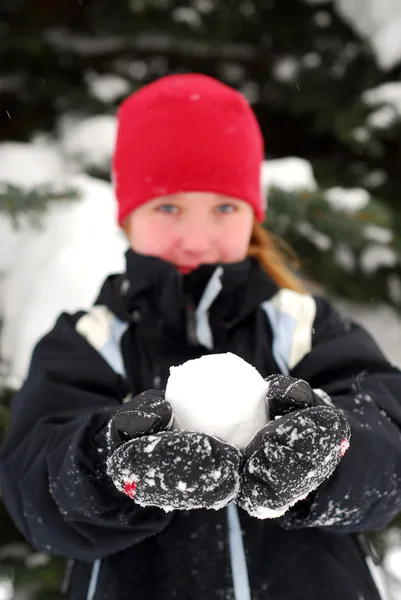 Young Girl Holding Snowball Her Hands — Stock Photo, Image