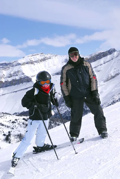 Family Downhill Skiing Vacation Father Daughter Scenic Winter Rocky Mountains — Stock Photo, Image