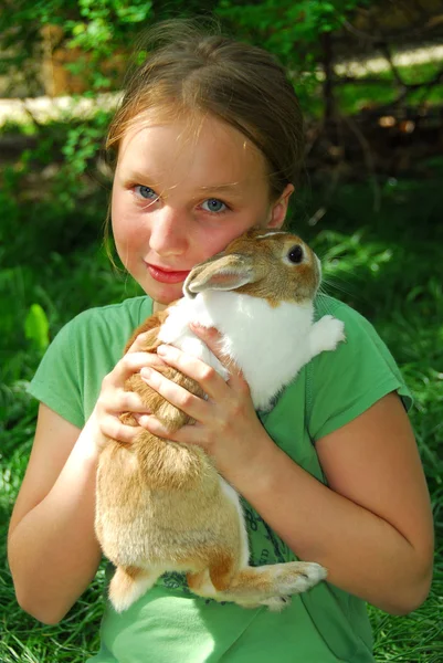Portrait Young Girl Holding Bunny — Stock Photo, Image