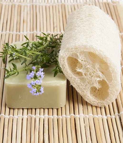 Natural lufah sponge with thyme soap — Stock Photo, Image