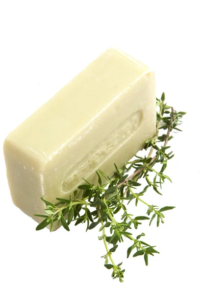Natural soap with fresh thyme, isolated — Stock Photo, Image
