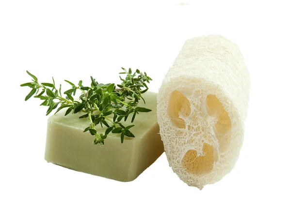 Lufah sponge wth thyme soap, isolated — Stock Photo, Image