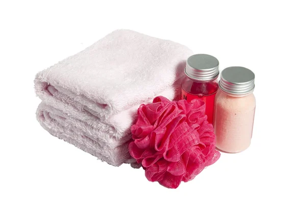 stock image Towels, shampoo and sponge , isolated