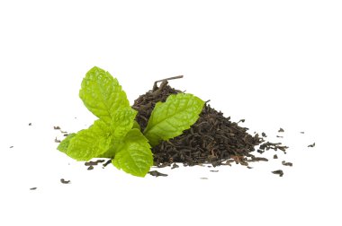 Black tea loose with fresh mint, isolated clipart
