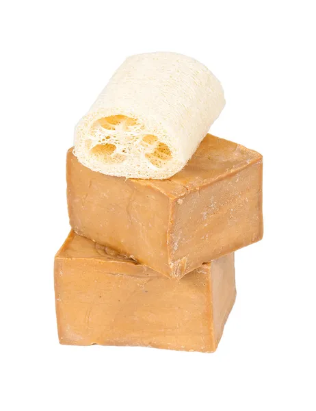 Traditional laurel soaps with lufah sponge, — Stock Photo, Image