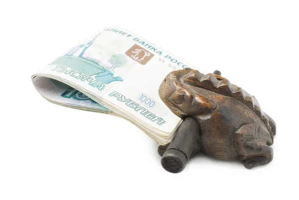 Wooden frog and money | Isolated — Stock Photo, Image