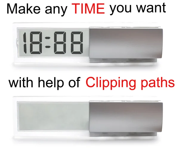 Zegar LCD + czas przez ścieżki przycinające | Na białym tle — Zdjęcie stockowe