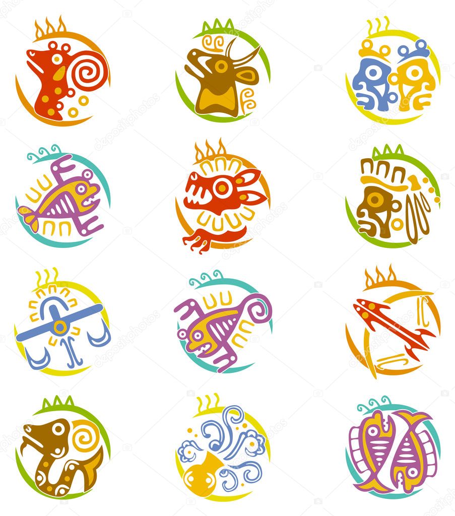 Maya art stylized zodiac signs