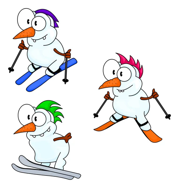 Skiing snowmen — Stock Vector