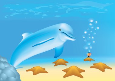 Diver is looking at a dolphin and sea-st clipart