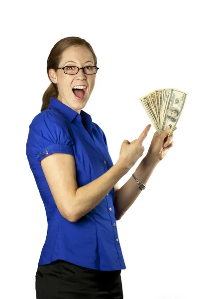 Mujer bonita con ventilador de dinero — Foto de Stock