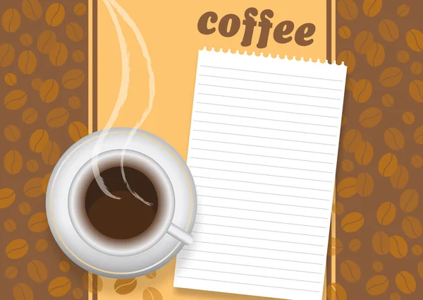 Taza de café sobre fondo marrón con frijoles — Vector de stock