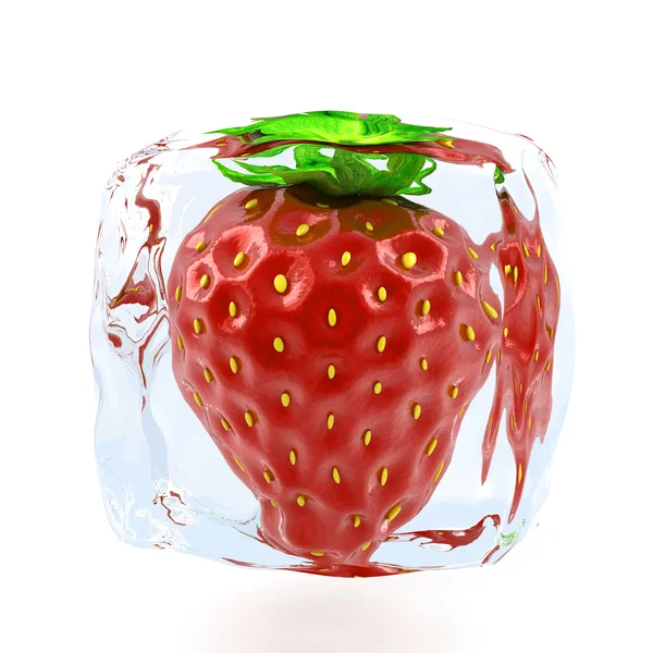 Erdbeere in Eiswürfel eingefroren — Stockfoto