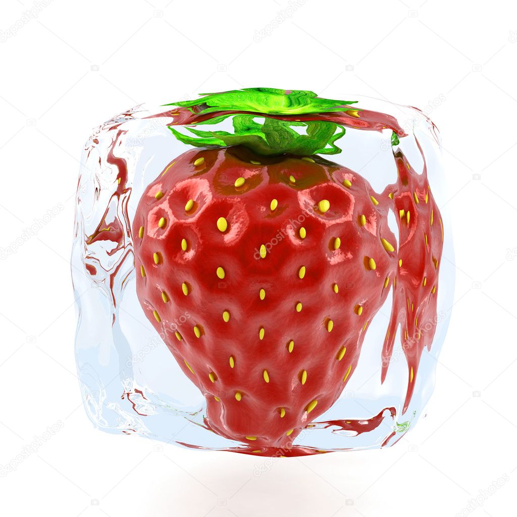 Strawberry frozen in ice cube