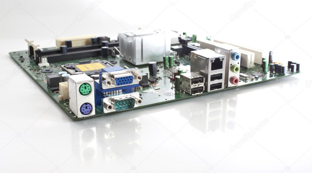 A computer motherboard angled view